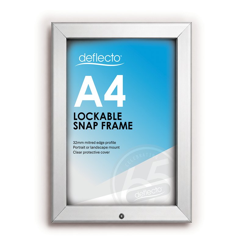 Deflecto A4 silver lockable snap frame with a 32 mm profile, front view showing a blue Deflecto poster and the lock at the bottom edge