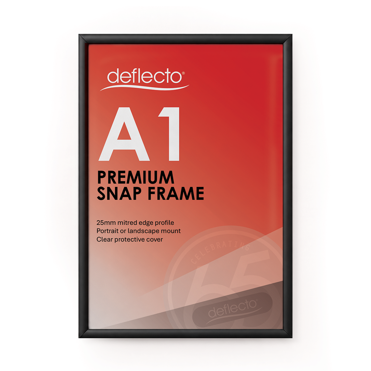 Deflecto A1 black snap frame with a 25 mm profile, front view showing a red Deflecto A1 Premium Snap Frame poster in the frame