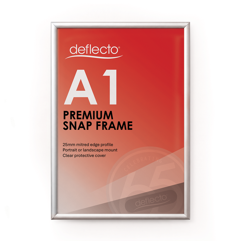 Deflecto A1 silver snap frame with a 25 mm profile, front view showing a red Deflecto A1 Premium Snap Frame poster in the frame