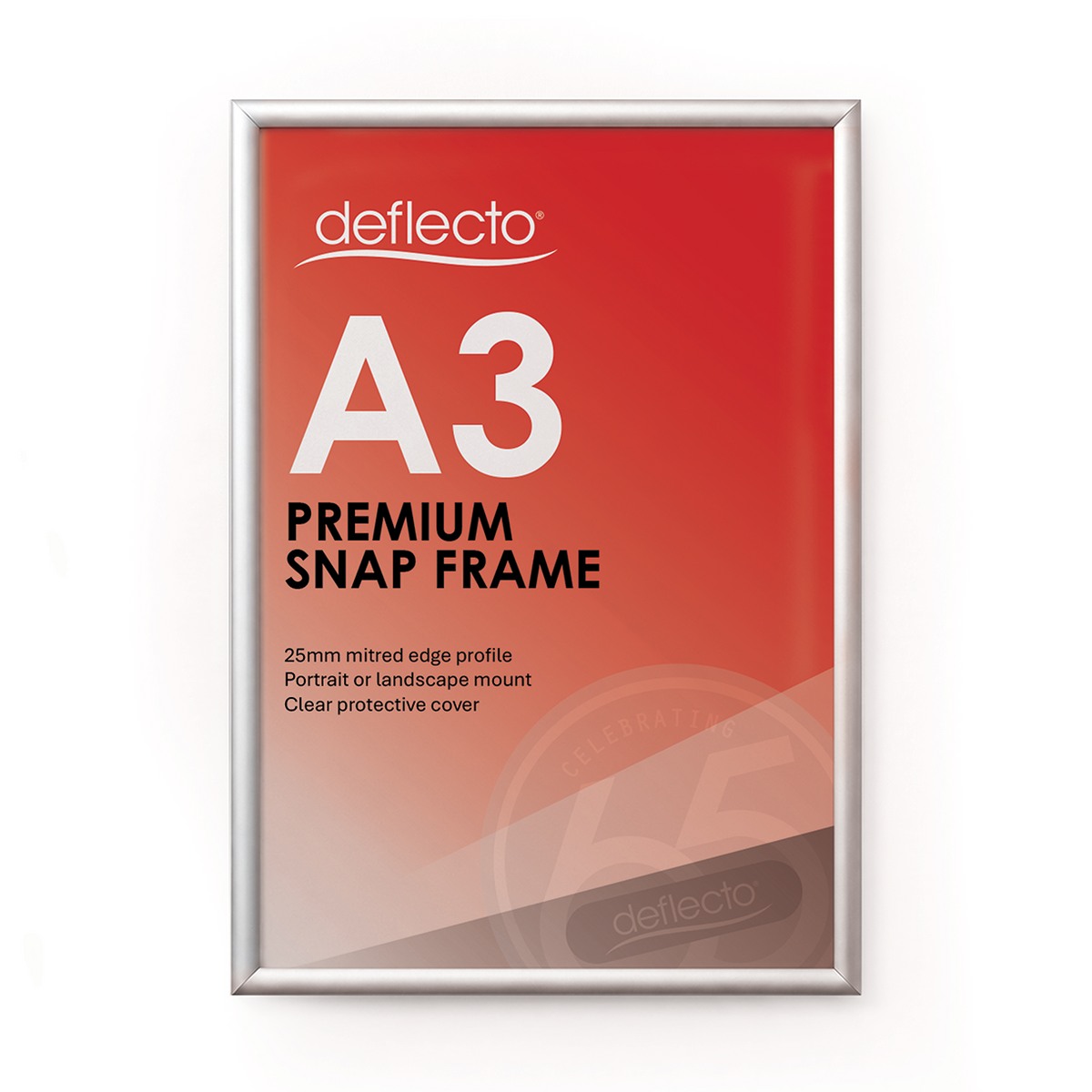 Deflecto A3 silver snap frame with a 25 mm profile, front view showing a red Deflecto A3 Premium Snap Frame poster in the frame