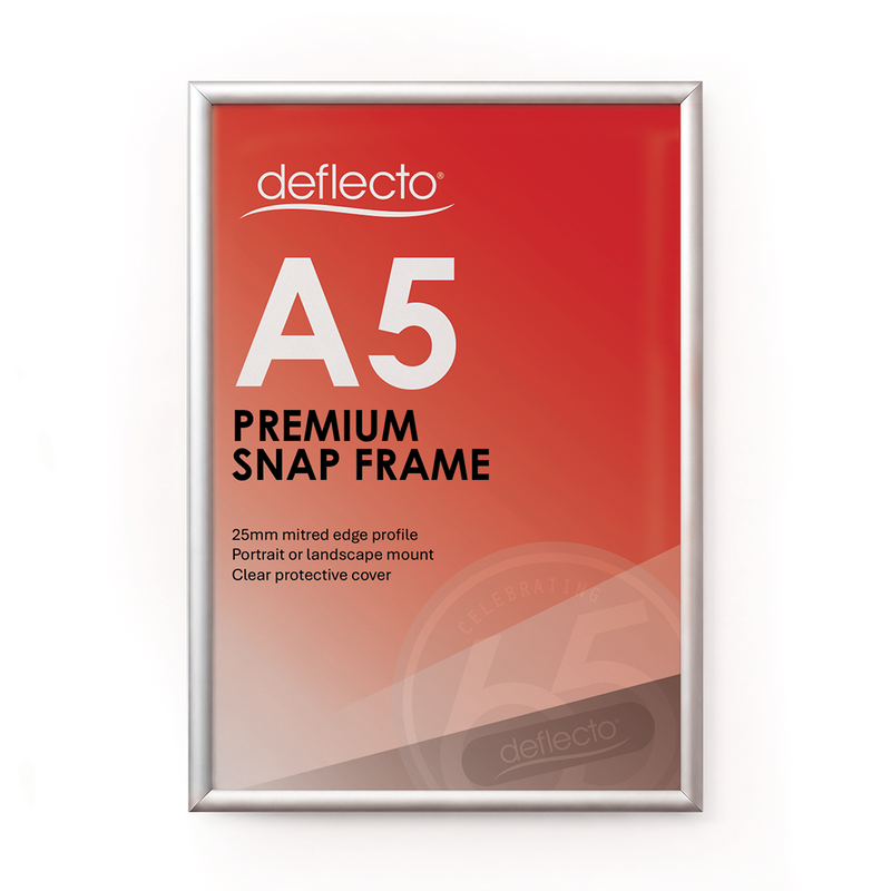 Deflecto A5 silver snap frame with a 25 mm profile, front view showing a red Deflecto A5 Premium Snap Frame poster in the frame