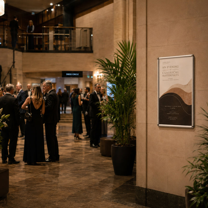 Deflecto A0 silver rounded edge snap frame mounted on a foyer wall at an evening event, displaying a large portrait poster