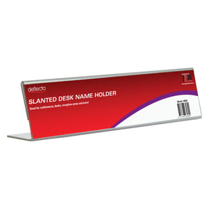 Deflecto clear slanted desk name holder in landscape orientation, 214 x 48mm side-load insert, free-standing on a desk, front view of the angled display face.