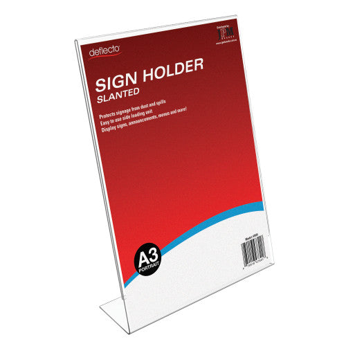 Deflecto A3 portrait slanted sign holder, front view