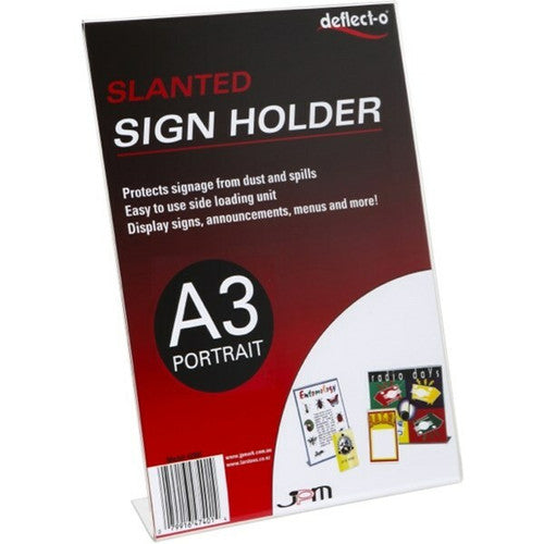Deflecto Slanted Sign Holder A3 Portrait, angled view