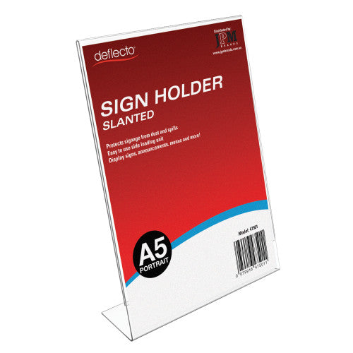 Deflecto A5 portrait slanted sign holder, front view