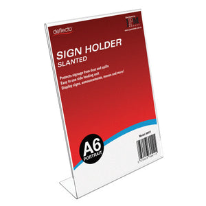 Deflecto A6 portrait slanted sign holder, front view