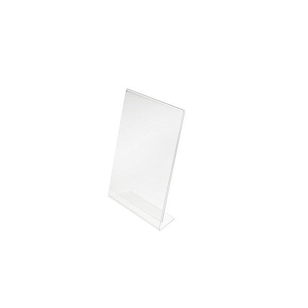 Deflecto clear acrylic slanted sign holder on a counter