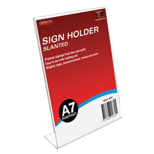 Deflecto A7 portrait slanted sign holder, front view