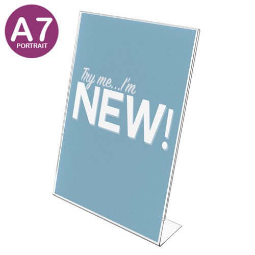 Deflecto A7 slanted sign holder displaying a price card