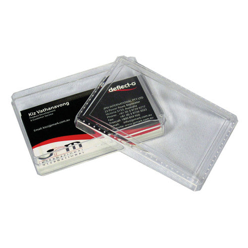 Deflecto small business card box holding cards, angled view
