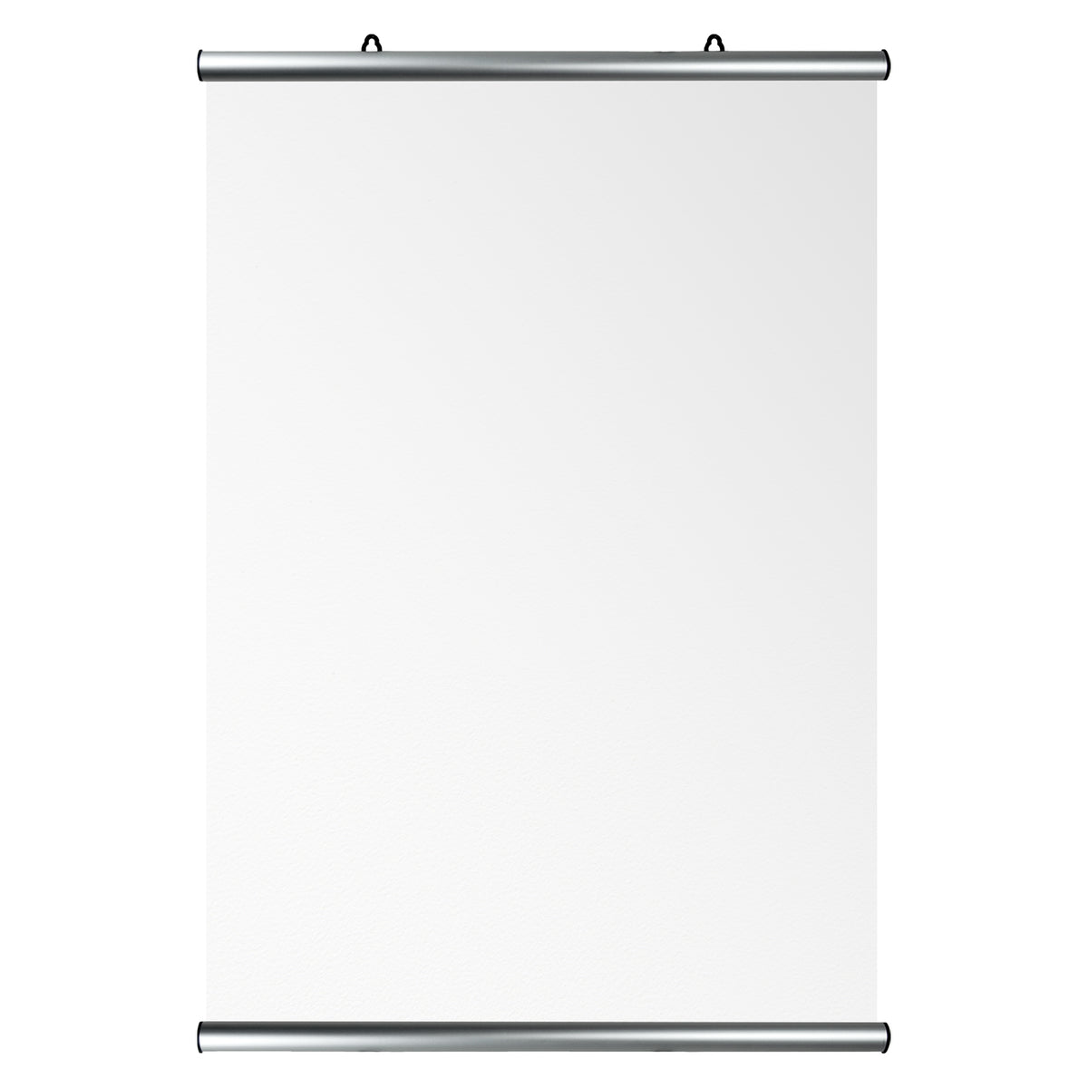 Front product view of the Deflecto Snap Frame Poster Hanger 1000mm against a white background. The image shows the long silver anodised aluminium upper and lower rails, two black suspension attachment points and a blank poster area for clear identification of the hanging display system.