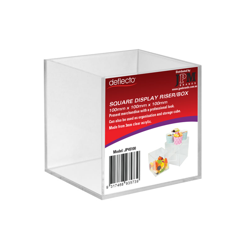 Deflecto 100mm clear acrylic square display box, front view