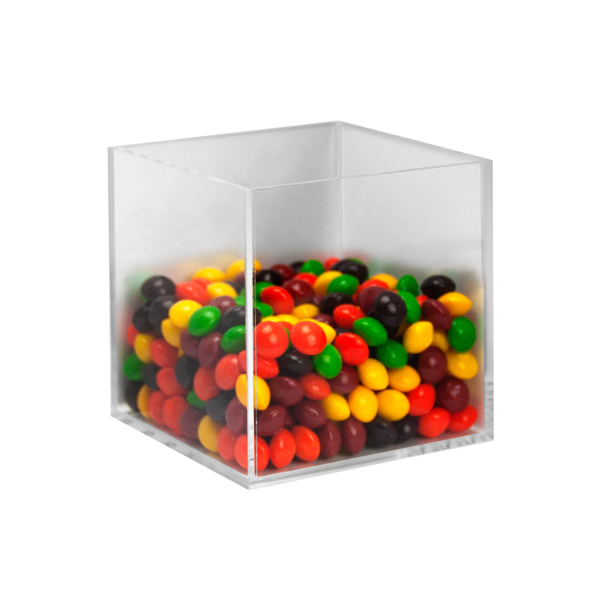 Deflecto square display box presenting a product, angled view