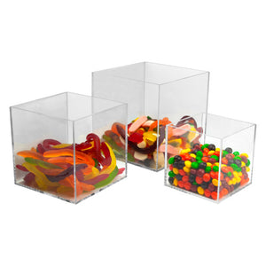 Deflecto clear acrylic square display box set of three, front view