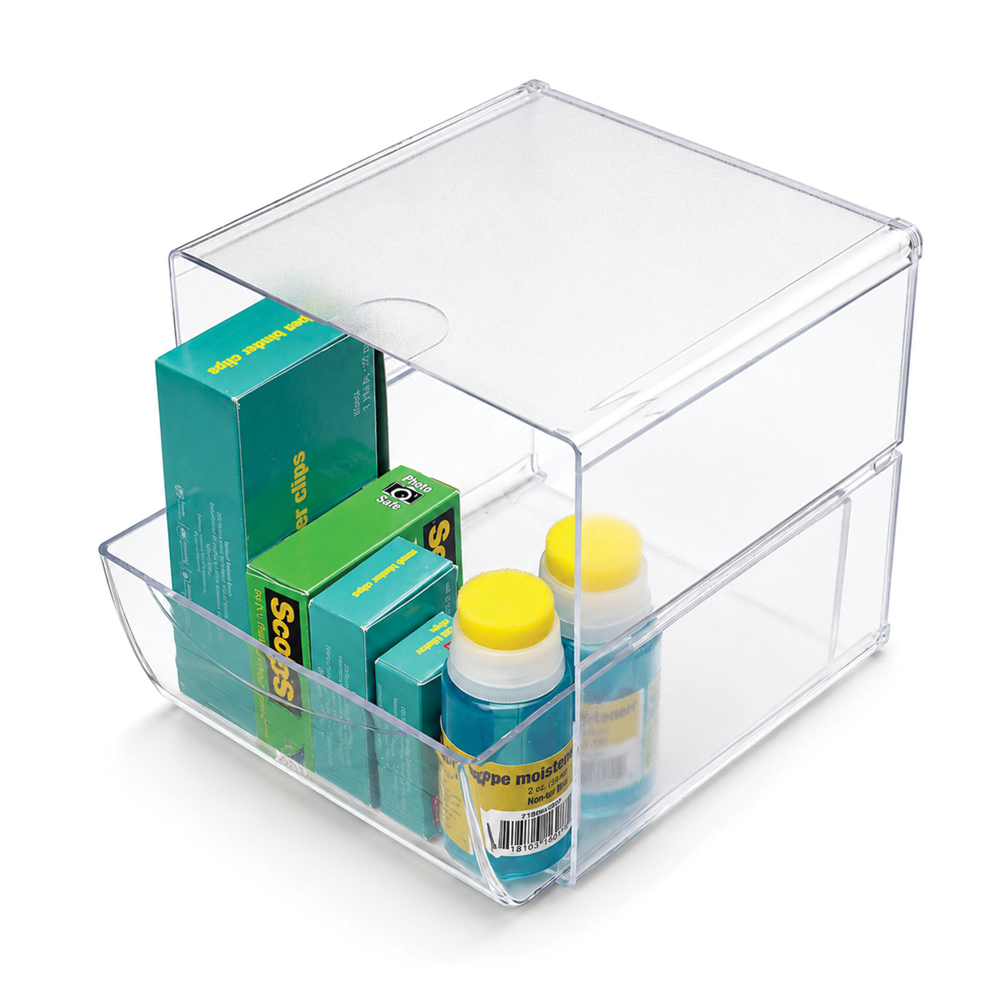 Deflecto clear stackable 1-drawer cube organiser, front view