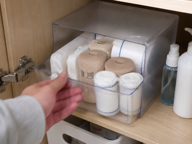 Deflecto 1-drawer cube organiser with the drawer open, angled view