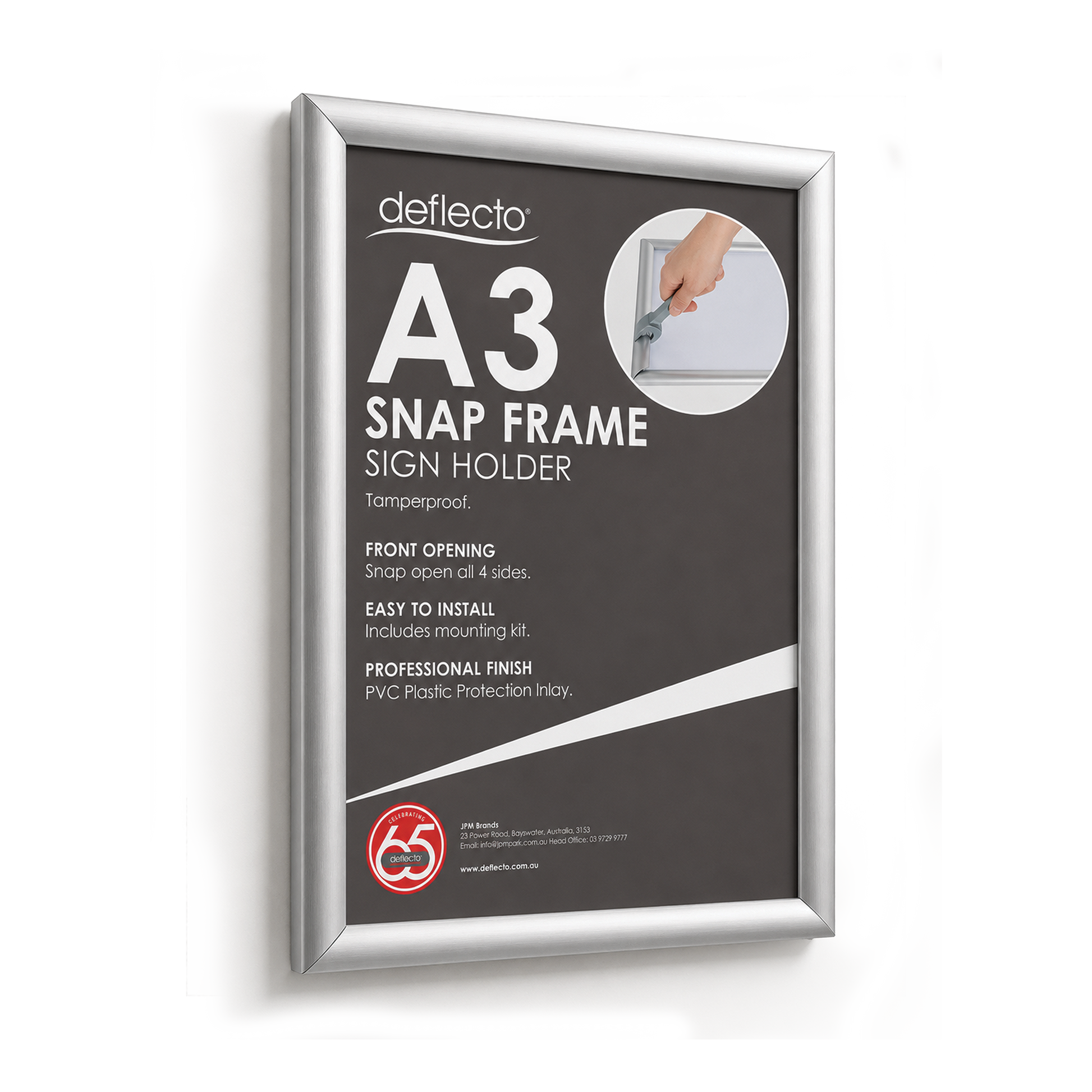 Deflecto Tamper Resistant Snap Frame Silver A3 25mm front view