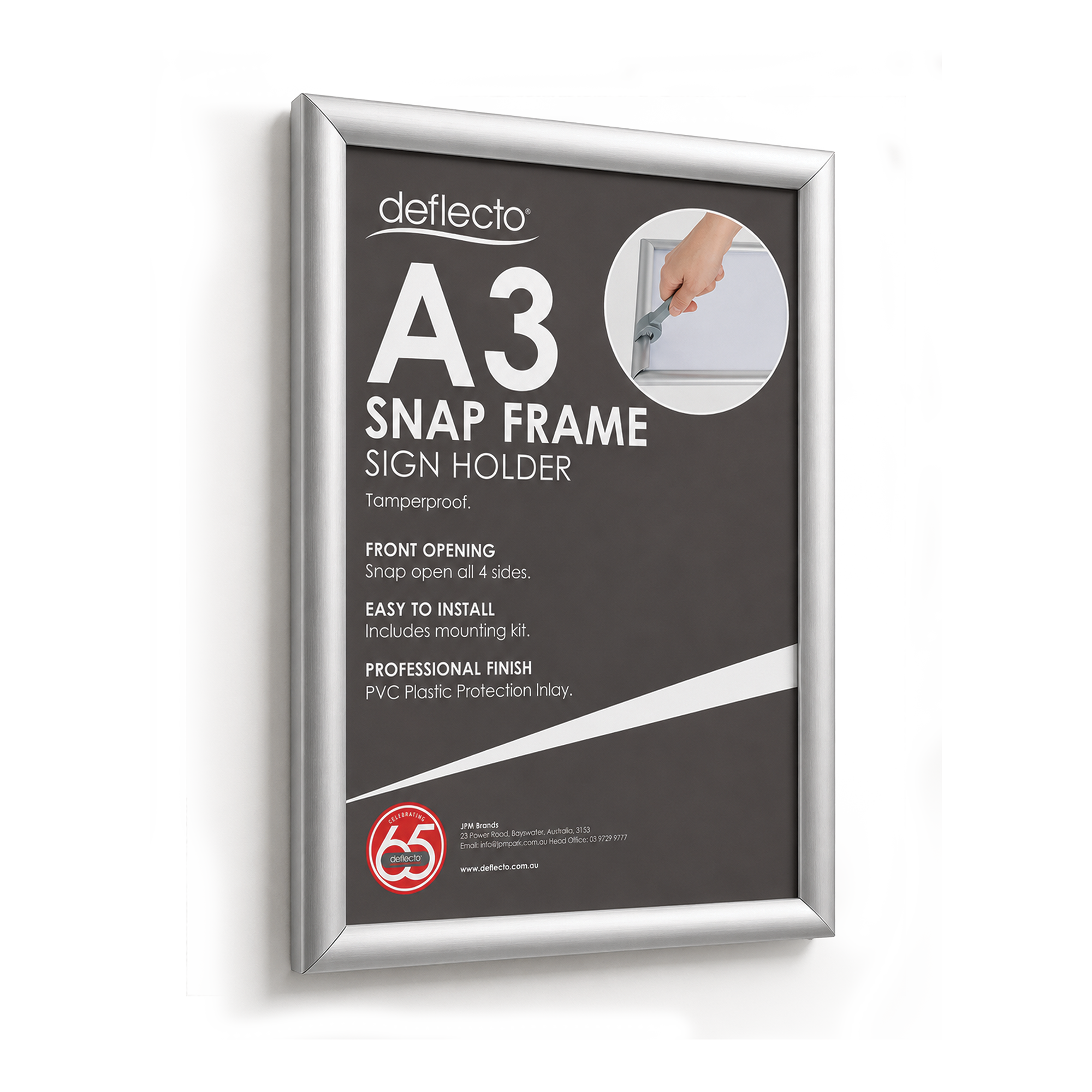 Deflecto Tamper Resistant Snap Frame Silver A3 25mm front view
