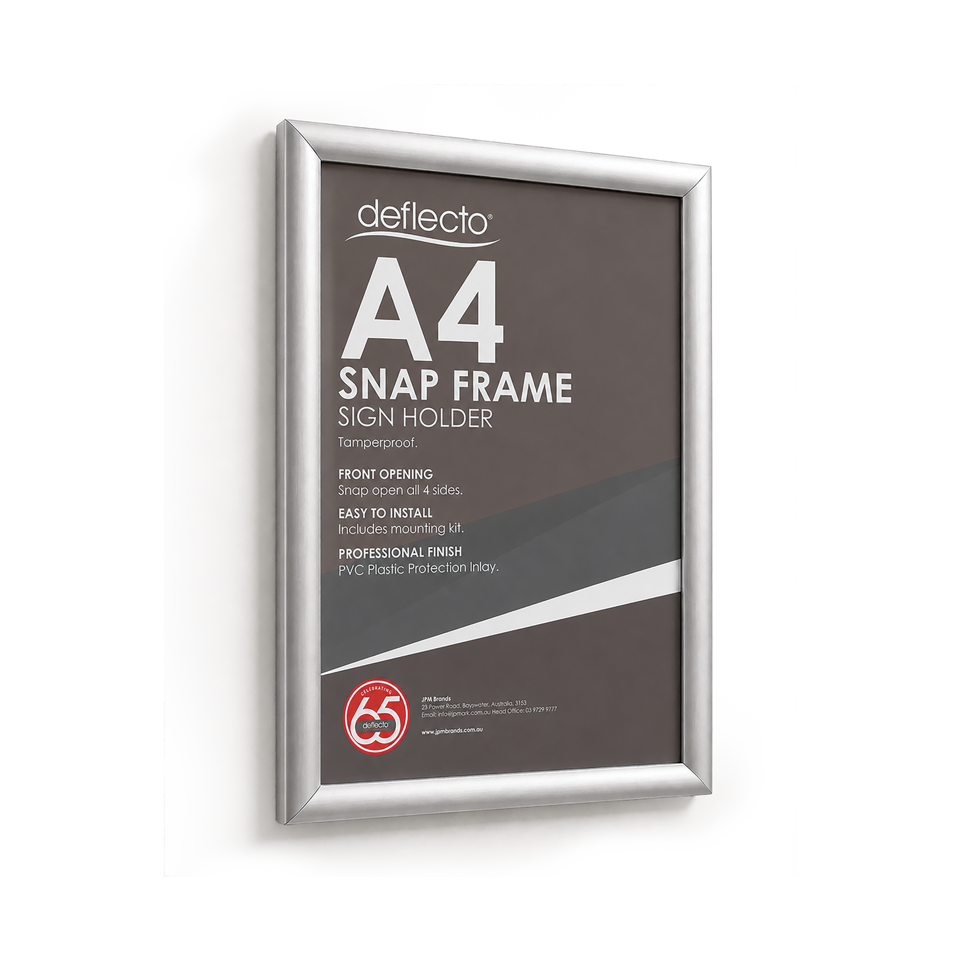 Deflecto Tamper Resistant Snap Frame Silver A4 25mm front view