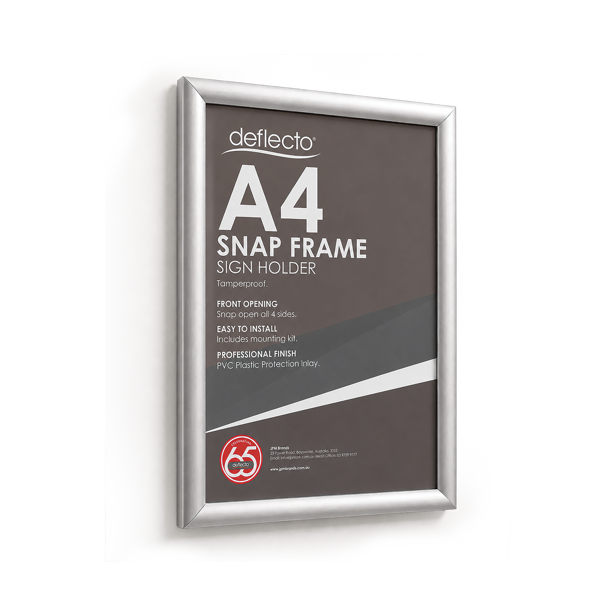 Deflecto Tamper Resistant Snap Frame Silver A4 25mm front view