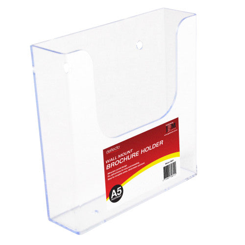 Deflecto A5 wall brochure holder loaded with a leaflet, angled view