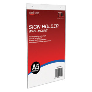 Deflecto A5 portrait wall-mount sign holder, front view