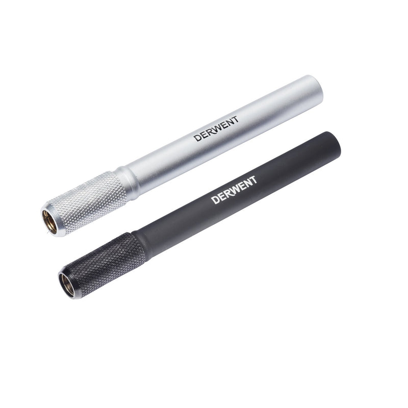 Derwent pencil extenders without pencils, one silver and one black, lying side by side to show the open grip ends and the Derwent name on each barrel.