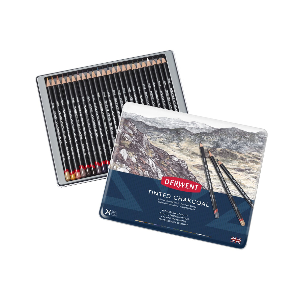 Derwent Tinted Charcoal 24 tin in current packaging, the open tray of pencils behind a lid printed with a mountain landscape drawing