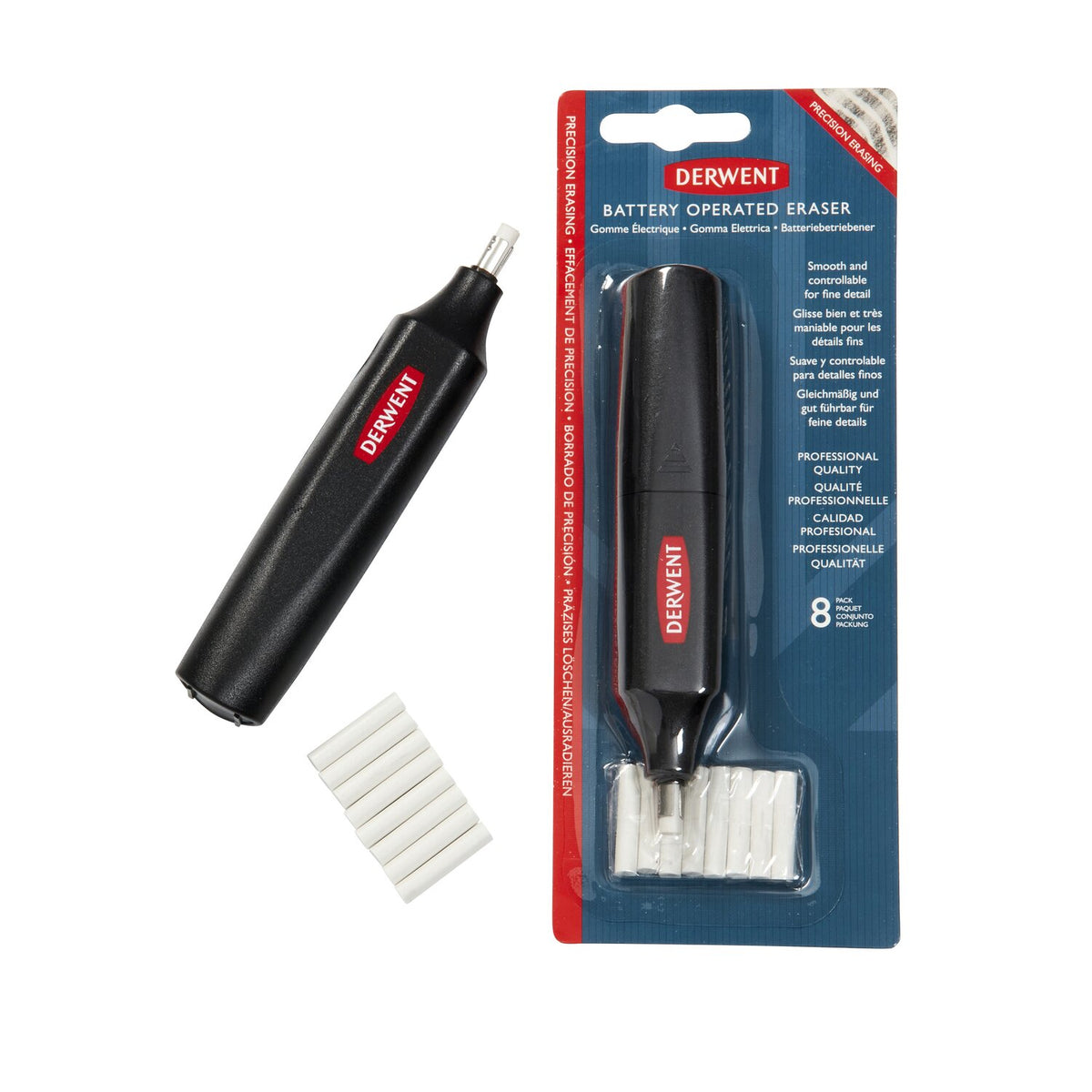 Derwent Battery Operated Eraser shown out of the pack beside its blister card, with a few white eraser refill sticks laid next to it.