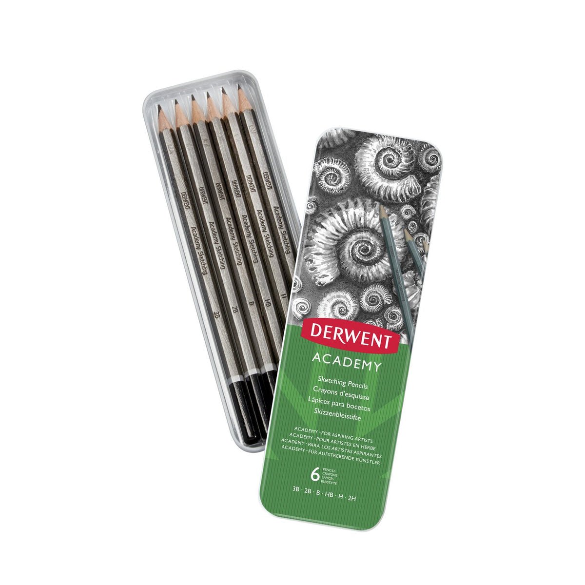 Derwent Academy Sketching 6 tin opened to show six grey hexagonal pencils with black end dips, next to the closed green ammonite lid.
