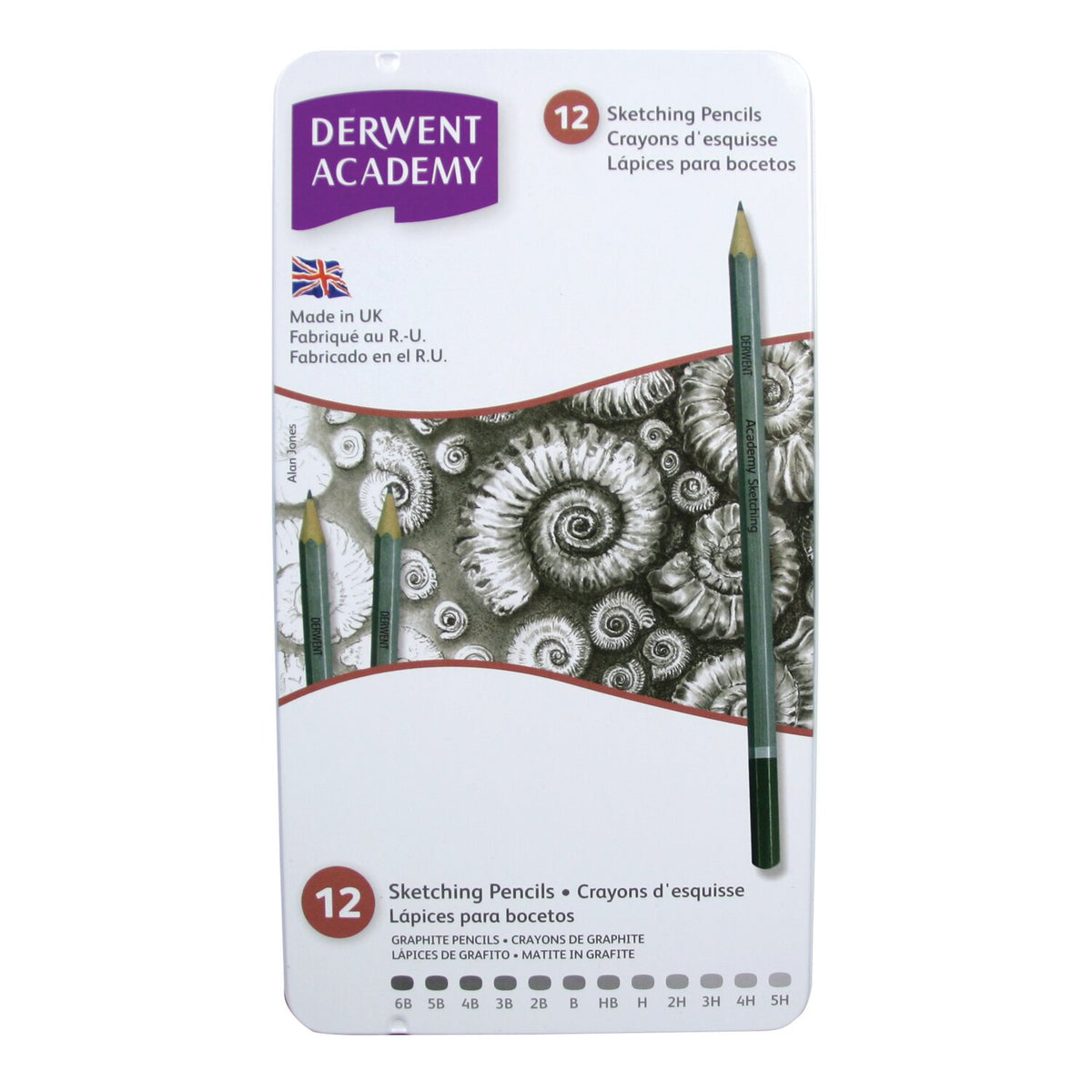 Closed Derwent Academy Sketching tin of 12 with a white lid, purple Derwent Academy logo, ammonite artwork and a pencil, labelled 12 Sketching Pencils.
