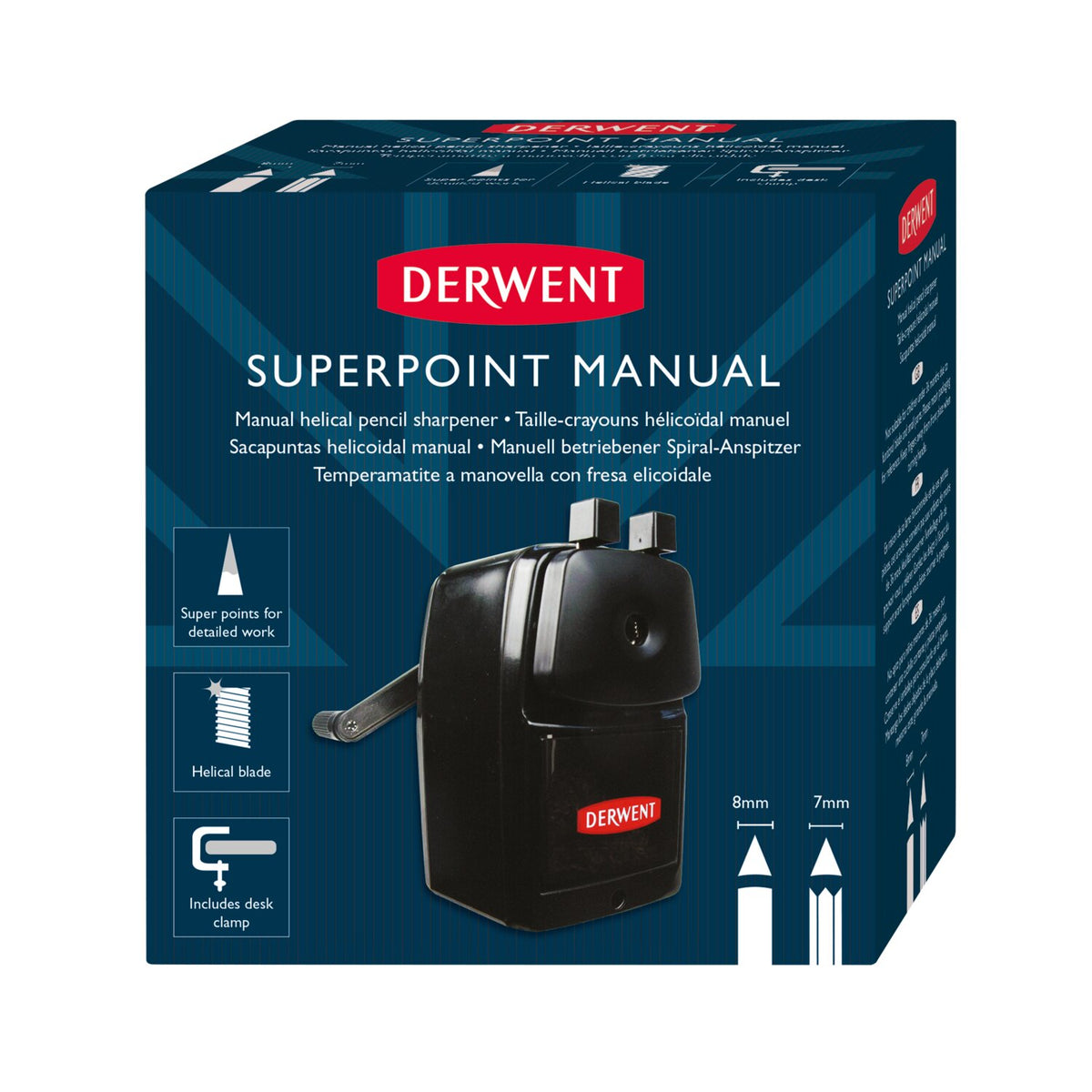 Derwent SuperPoint Manual sharpener box in dark blue packaging, front panel showing the black sharpener and feature icons