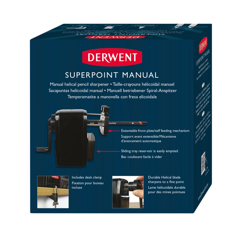 Back of the dark blue Derwent SuperPoint Manual box with a side view of the sharpener and callouts for the front plate, sliding tray and desk clamp