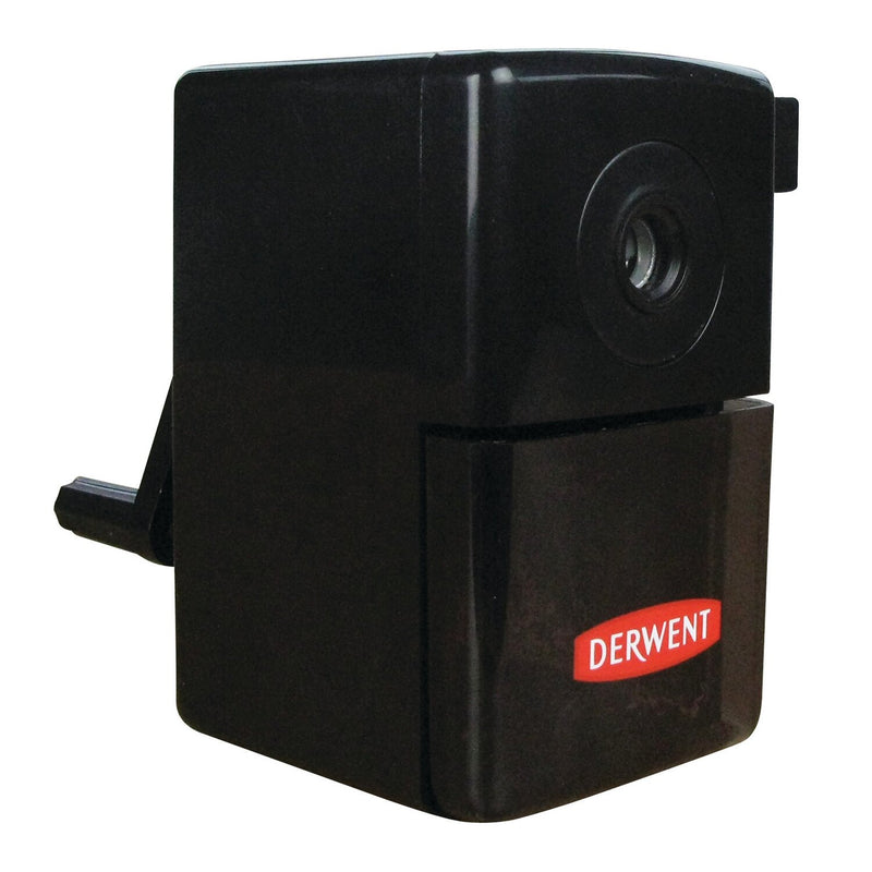 Side profile of the black Derwent Super Point manual desk sharpener, showing the crank handle and the sharpener front with the red Derwent badge