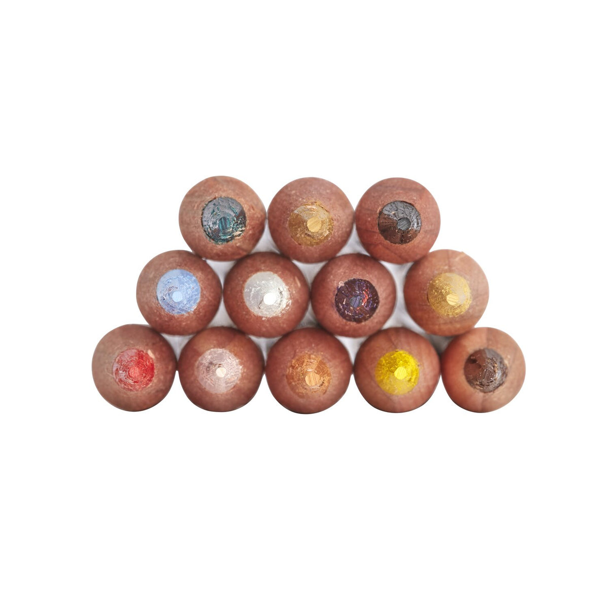 Ends of the 12 Derwent Lightfast pencils from the tin stacked in a pyramid, each end showing its pencil colour
