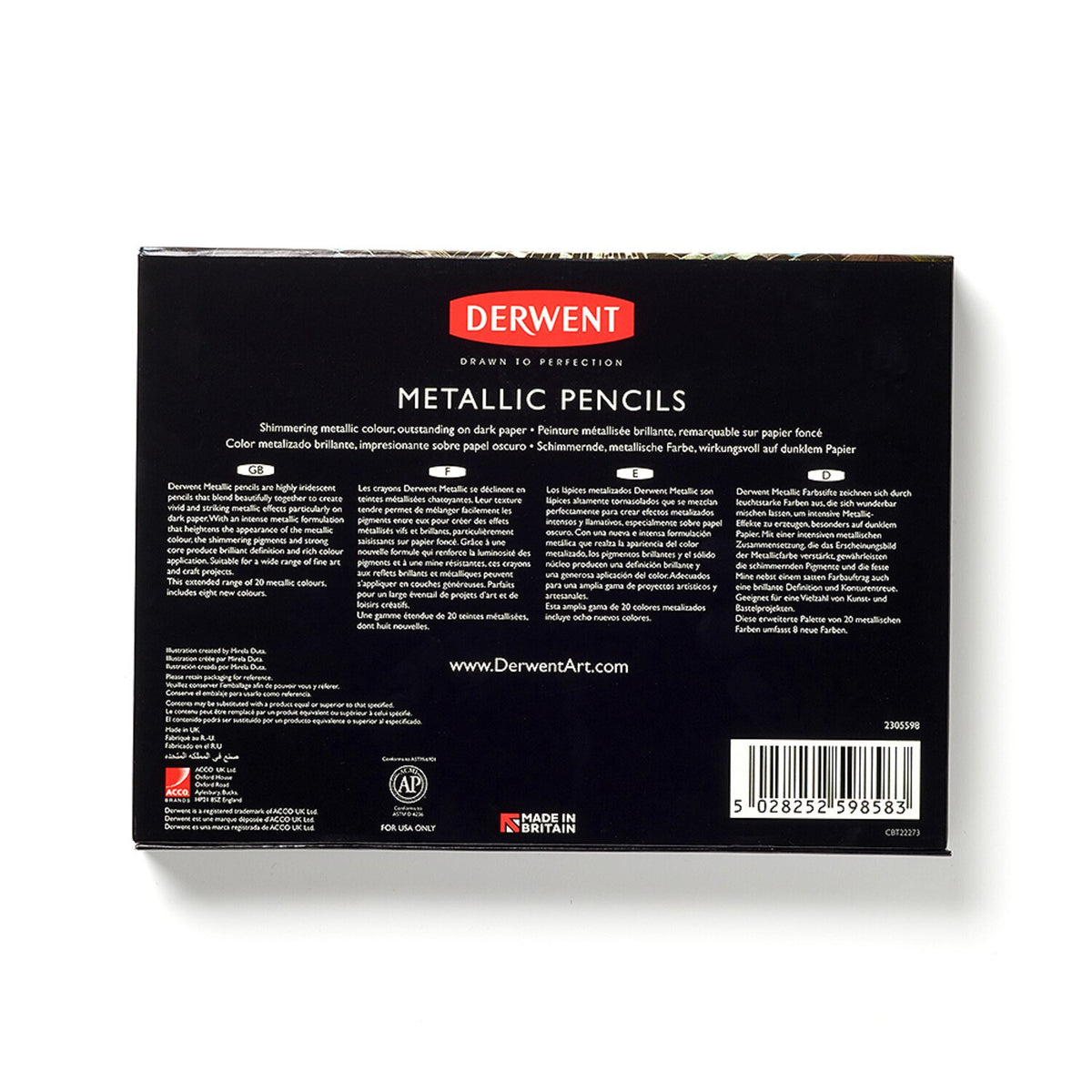 Back of the Derwent Metallic Pencils gift set box with multilingual product text, the Derwent web address and a barcode panel