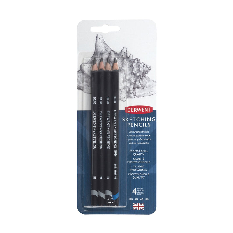 Derwent Sketching Pencils blister in current navy packaging, holding four black sketching pencils over a graphite drawing of a shell