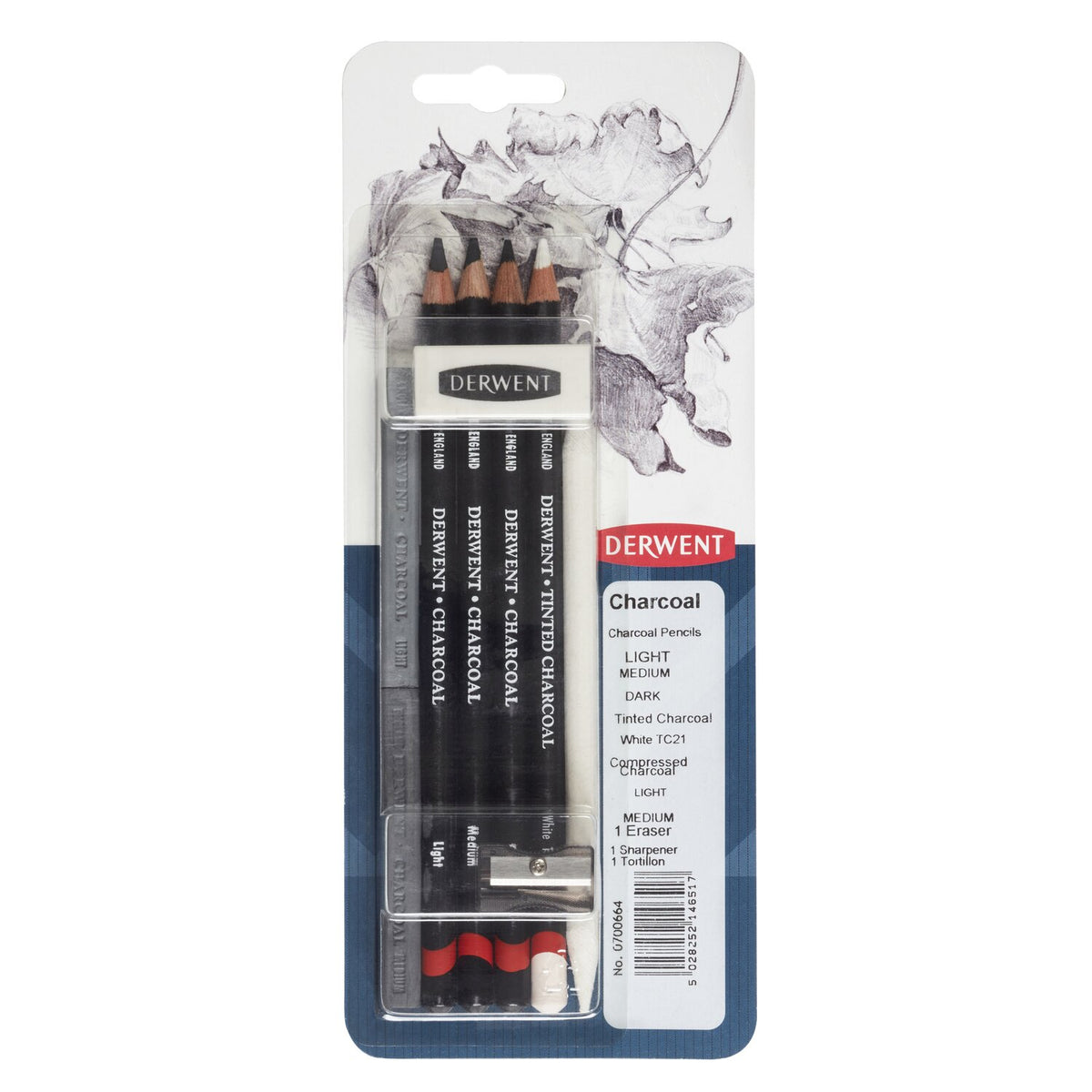 Derwent Charcoal mixed media blister card No. 0700664 holding Light, Medium and Dark charcoal pencils, a Tinted Charcoal White pencil, charcoal blocks, an eraser, a sharpener and a tortillon.