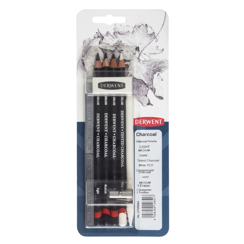 Derwent Charcoal mixed media blister card No. 0700664 holding Light, Medium and Dark charcoal pencils, a Tinted Charcoal White pencil, charcoal blocks, an eraser, a sharpener and a tortillon.