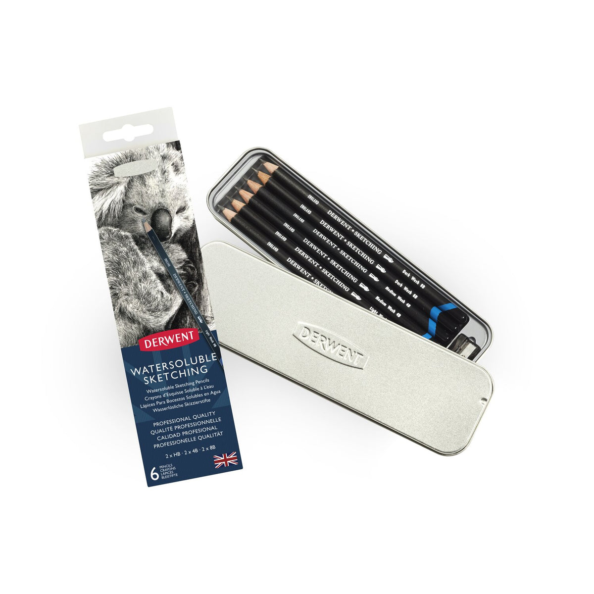 Derwent Watersoluble Sketching 6 tin opened beside its newer white and navy sleeve with an animal drawing, showing six black pencils with blue end bands.