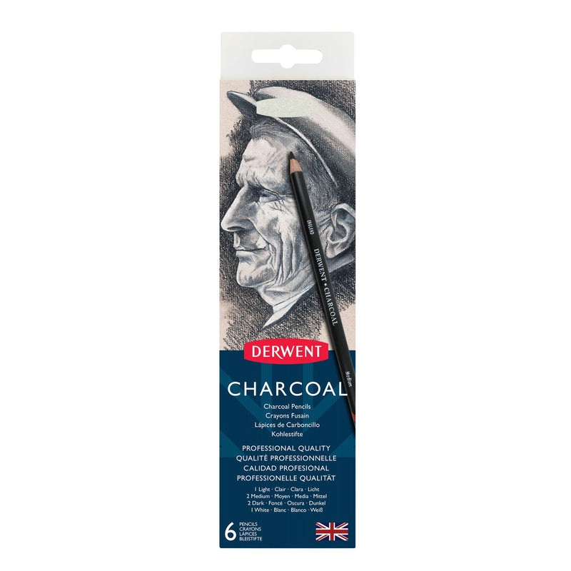 Derwent Charcoal 6 pencils pack front in current blue packaging with a charcoal portrait, listing 1 Light, 2 Medium, 2 Dark and 1 White pencil.