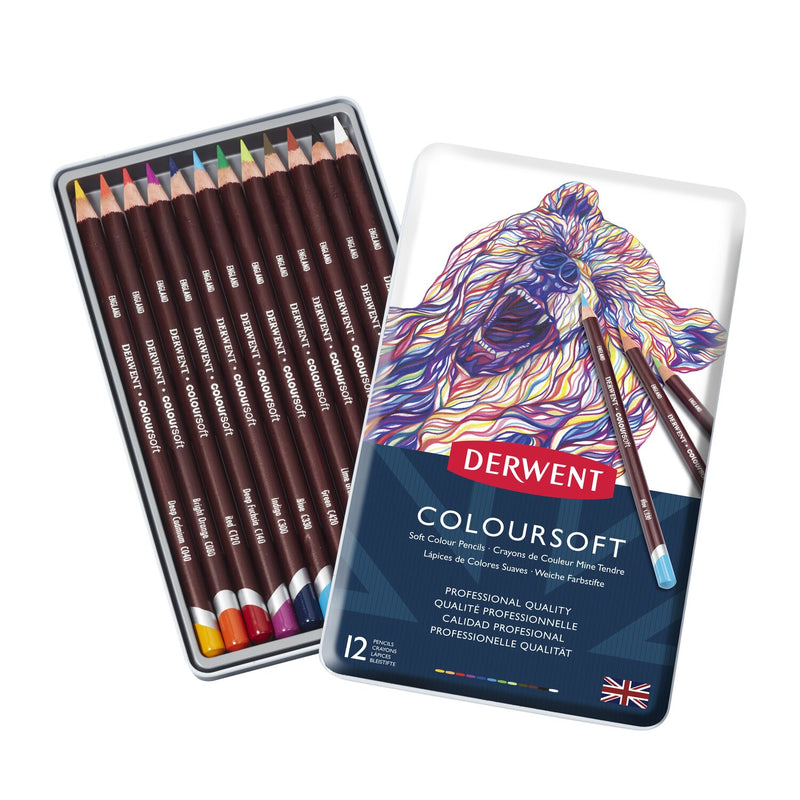 Derwent Coloursoft 12 tin in the current blue design with a bear artwork, open beside its lid to show twelve pencils in a row