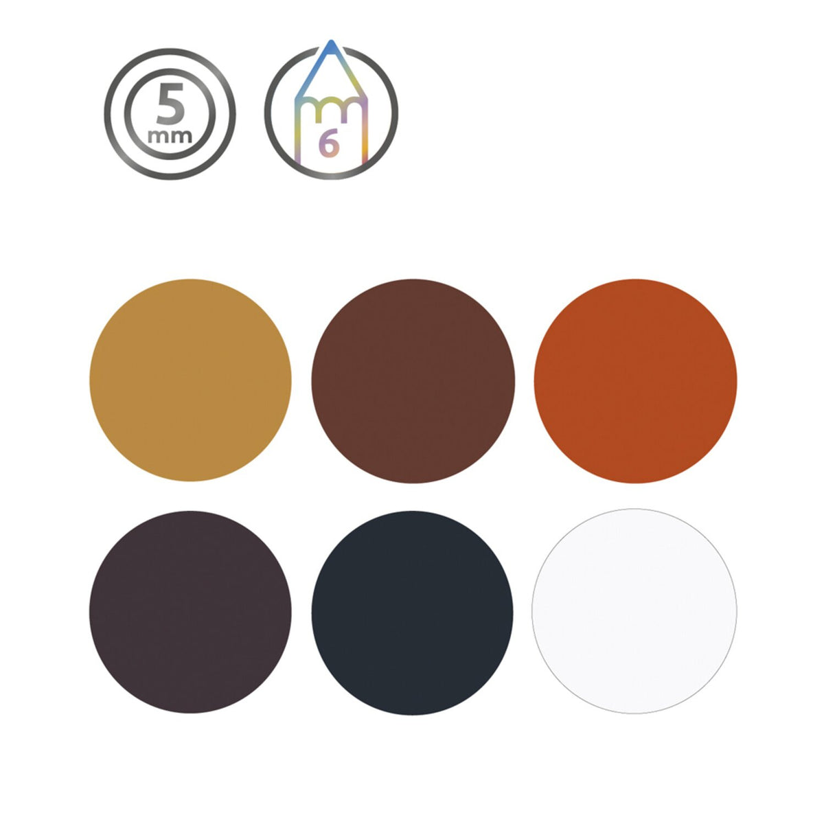 Graphic for the Derwent Drawing 6 tin with a 5mm core icon, a 6 pencil icon and six round swatches of the colours in the tin.