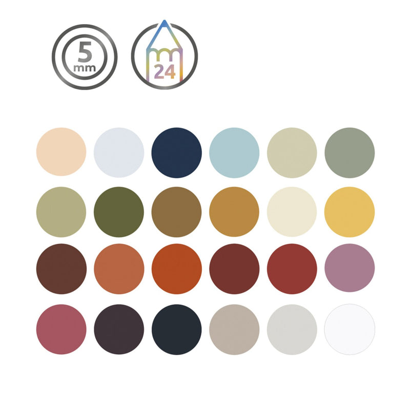 Graphic for the Derwent Drawing 24 tin with a 5mm core icon, a 24 pencil icon and rows of round swatches of the colours in the tin.