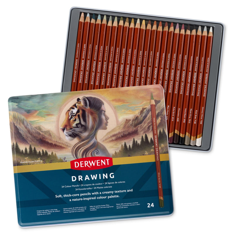 Derwent Drawing 24 pencil tin open behind its lid with tiger and mountain artwork, showing the tray of red-brown Drawing pencils.
