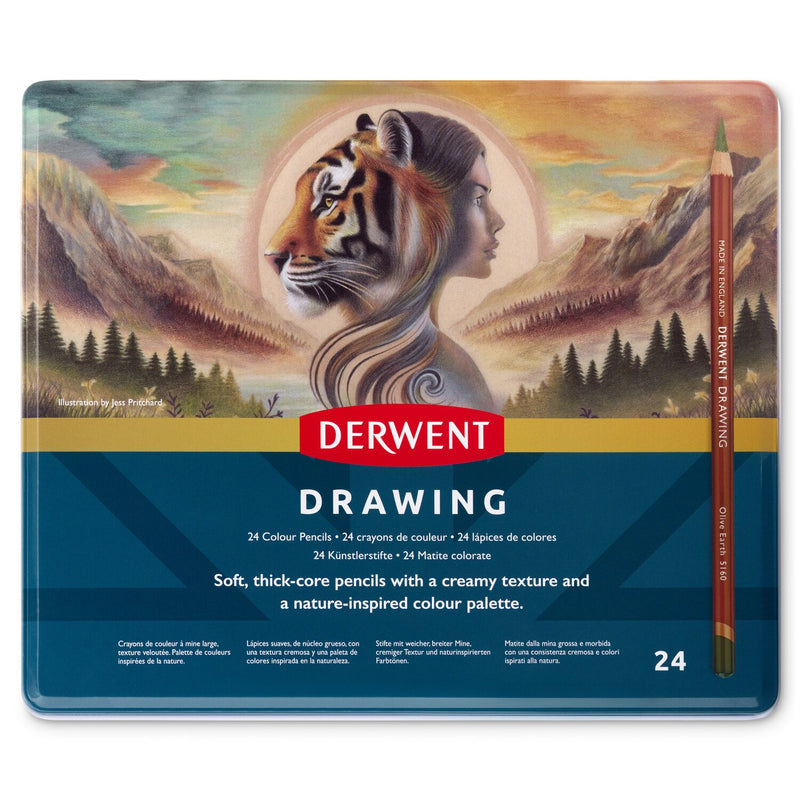 Front of the Derwent Drawing 24 tin lid with tiger and mountain artwork, the DERWENT logo, the DRAWING name and the number 24.