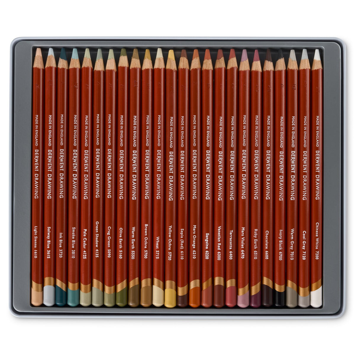 Top-down view of the open Derwent Drawing 24 tin with a full row of red-brown Drawing pencils and coloured end caps.