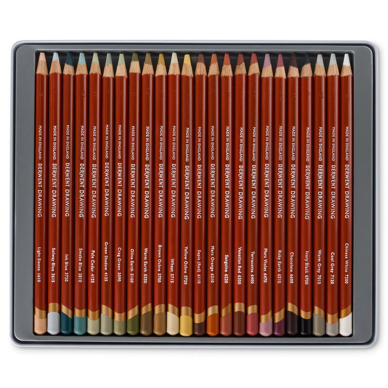 Top-down view of the open Derwent Drawing 24 tin with a full row of red-brown Drawing pencils and coloured end caps.