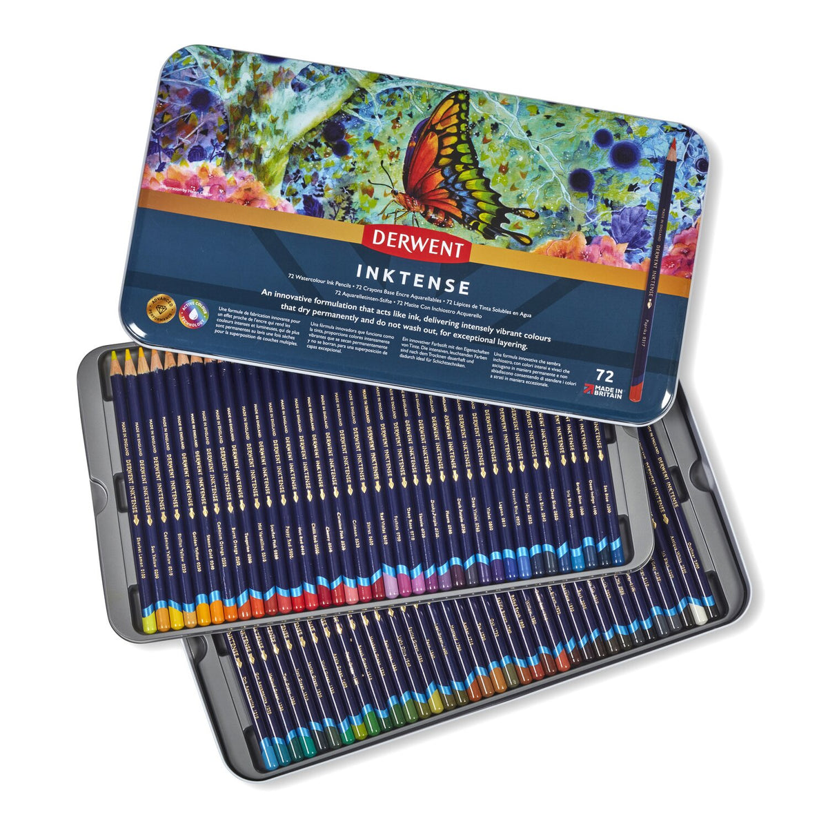 Open Derwent Inktense 72 pencil tin, butterfly-design lid above two trays of blue-barrelled Inktense pencils